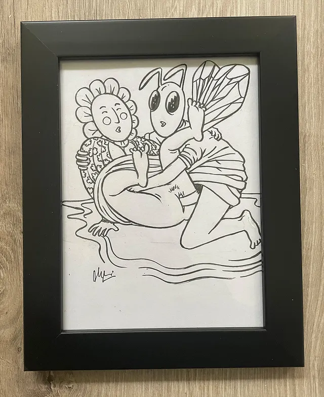 heldbergs-original-kunst-biene-vs-blume-zeichnung-einzeln-signiert image 1