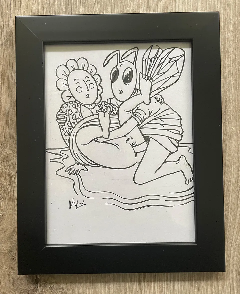 heldbergs-original-kunst-biene-vs-blume-zeichnung-einzeln-signiert image 1